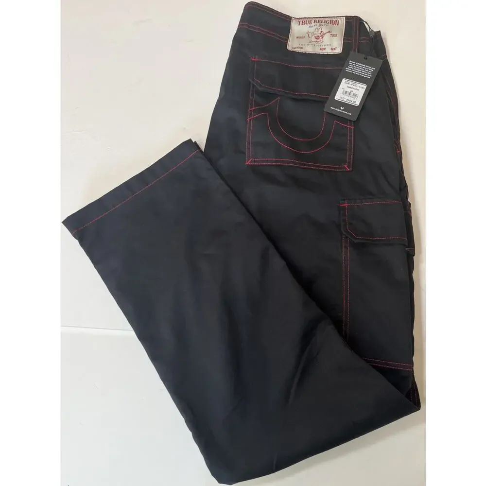 True Religion Cargo Pants, Jet Black With Red Stitching Men’s 34X32 NWT